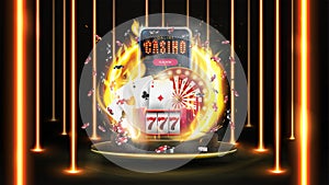 Online casino, banner with smartphone, casino slot machine, Casino Roulette, playing cards and poker chips on gold podium.