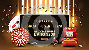 Online casino, banner with tablet, slot machine, Casino Wheel Fortune, poker chips and playing cards in gold scene.
