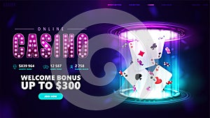 Online casino, banner for website with button and playing cards with poker chips inside pink and blue hologram of digital rings.