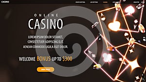 Online casino, banner for website with offer, gold neon casino playing cards and poker chips on black background