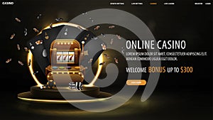 Online casino, black banner with welcome bonus, button, black playing cards, slot machine, dice and chips on podium.