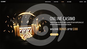 Online casino, black banner with welcome bonus, button, gold casino slot machine, dice, black playing cards and neon ring