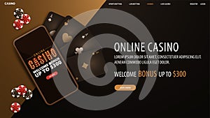 Online casino, black and gold banner with smartphone with offer, playing cards and poker chips, top view