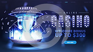 Online casino, blue banner with button, digital 3D podium in cylindrical shapes, neon casino playing cards, poker chips.