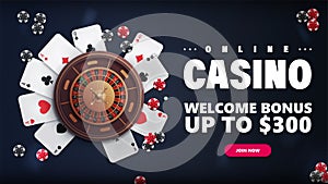 Online casino, blue banner with offer, Casino roulette, poker chips and playing cards