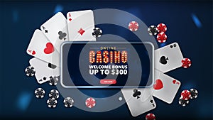 Online casino, blue banner with smartphone with offer, playing cards and poker chips, top view