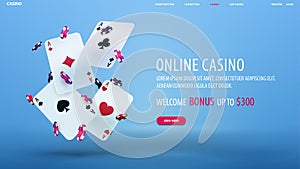 Online casino, blue banner with welcome bonus, button and falling casino poker chips with playing cards