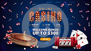 Online casino, blue poster with symbol with lamp bulbs, button, slot machine, Casino Roulette, poker chips and playing cards