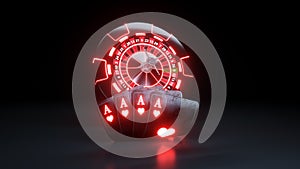 Online Casino Chips and Poker Cards 4 Aces In Hearts - 3D Illustration