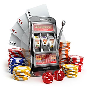 Online casino concept. Mobile phone, slot machine, dice and card photo