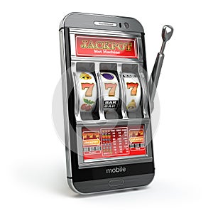 Online casino concept. Mobile phone and slot machine with jackpo