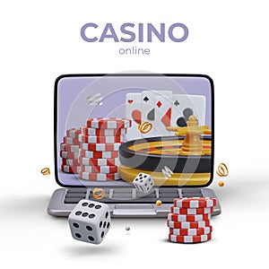 Online casino concept. Open laptop, stacks of chips, roulette, playing cards, dice