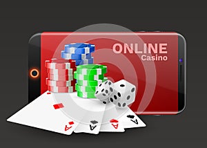 Online casino concept, playing cards, dice chips and smartphone with copyspace. Banner template layout mockup for online casinos