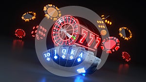 Online Casino Concept, Poker Cards, Casino Chips, Roulette Wheel With Neon Lights - 3D Illustration