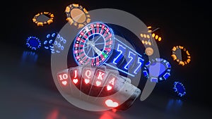 Online Casino Concept, Poker Cards, Casino Chips, Roulette Wheel And Slot - 3D Illustration