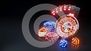 Online Casino Concept, Poker Cards, Roulette Wheel and Poker Chips - 3D Illustration