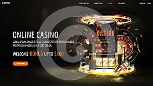 Online casino, dark web banner with offer, smartphone, black neon slot machine, black playing cards, dice and poker chips.