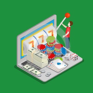 Online casino flat 3d isometric luck success gambling vector concept. Micro people and huge laptop computer pc spin the wheel