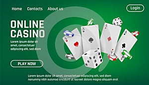 Online casino, gamble poker landing page. Blackjack fortune game or bet coins, cash in internet, tablet background