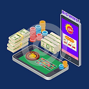 Online casino or gambling with banknotes and chips isometric vector concept