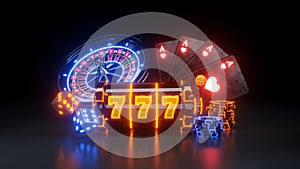 Online Casino Gambling Concept, Casino Lucky Slot Machine, Lucky 777 Slots - 3D Illustration