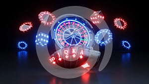 Online Casino Gambling Concept, Flush Royal With diamonds, Casino Roulette Wheel  - 3D Illustration