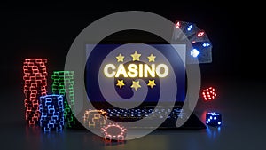 Online Casino Gambling Concept With Glowing Neon Lights, Poker Cards and Poker Chips Isolated On The Black Background - 3D Illustr