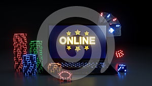 Online Casino Gambling Concept With Glowing Neon Lights, Poker Cards and Poker Chips Isolated On The Black Background - 3D Illustr