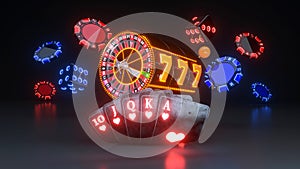 Online Casino Gambling Concept, Poker Cards 3D Illustration, Roulette Wheel And Slot Machine Concept - 3D Illustration