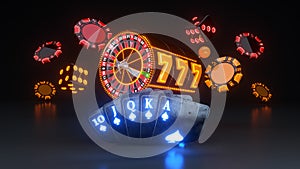 Online Casino Gambling Concept, Poker Cards, Dices And Roulette Wheel - 3D Illustration photo