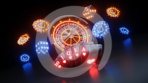 Online Casino Gambling Concept,  Roulette Wheel and Poker Cards - 3D Illustration