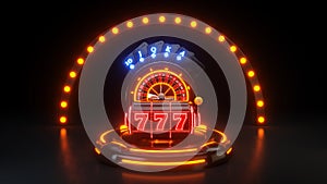 Online Casino Gambling Concept, Royal Flash Poker Cards With Orange Neon Lights - 3D Illustration photo