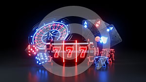 Online Casino Gambling Concept Slot Machine and Poker Chips - 3D Illustration