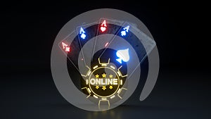 Online Casino Gambling Poker Cards Concept With Glowing Neon Lights Isolated On The Black Background - 3D Illustration
