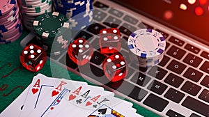Online Casino Gaming Setup with Poker Chips, Dice, and Cards on Keyboard. High Stakes Virtual Gambling. Leisure and