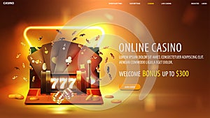 Online casino, gold web banner with laptop, neon slot machine, black playing cards, dice and poker chips.