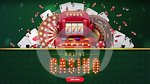 Online casino, green banner with button, slot machine, Casino Wheel Fortune, Roulette, falling poker chips and playing cards