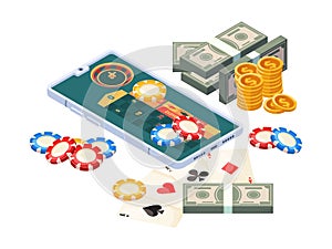 Online casino. Isometric concept mobile digital gambling money for winners smartphones garish vector illustrations