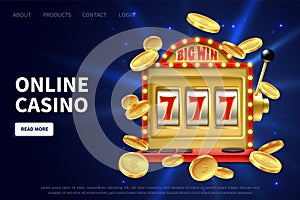 Online casino landing page. Slot machine gamble poster, promotional banner with flying gold coins and jackpot, lucky