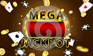 Online casino. mega jackpot frame, slot machine, casino chips flying realistic tokens for gambling