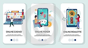 Online casino mobile app onboarding screens vector template