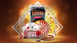 Online casino, orange banner with smartphone, casino slot machine, Roulette, playing cards, poker chips, Casino Wheel Fortune.