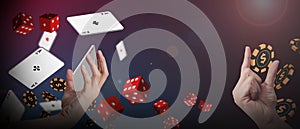 Online casino, play poker cards, Falling golden poker chips, tokens, dices, Internet gambling concept