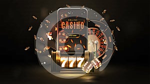 Online casino, poster with smartphone, black neon slot machine, black playing cards, dice and poker chips on dark background