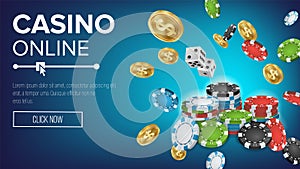 Online Casino Poster Vector. Poker Gambling Casino Sign. Bright Chips, Playing Dice, Dollar Coins. Winner Lucky Symbol