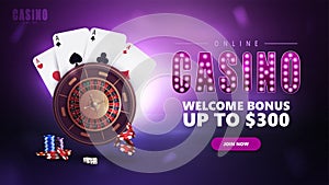 Online casino, purple banner with offer, button, symbol with lamp bulbs, Casino Roulette, poker chips and playing cards