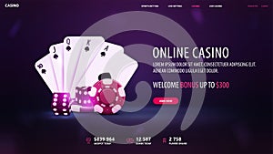 Online casino, purple invitation banner for website with welcome bonus, button, casino playing cards, dice and poker chips