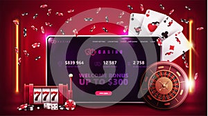 Online casino, red banner with tablet, slot machine, Casino Roulette, poker chips and playing cards in red scene.