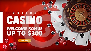 Online casino, red banner for website with button, welcome bonus, Casino roulette with poker chips and playing cards, top view