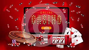 Online casino, red poster with monitor with slot machine, Casino Roulette, poker chips and playing cards